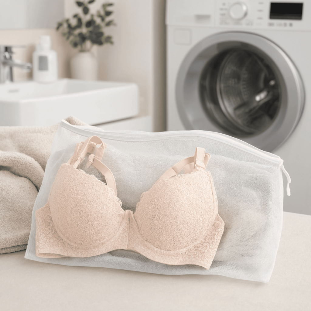 Photo montrant un soutien-gorge dans un filet de lavage à côté d'une machine à laver.
